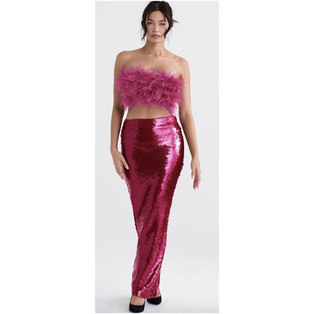HOUSE OF CB Alexis Sequin Maxi Skirt in Hot Pink Size Small
